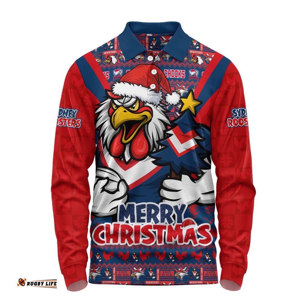 Sydney Roosters Long Sleeve Polo Shirt Merry Christmas Festive Spirit Edition