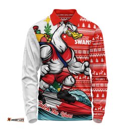 Sydney Swans Long Sleeve Polo Shirt Christmas Holiday Santa Rides The Waves