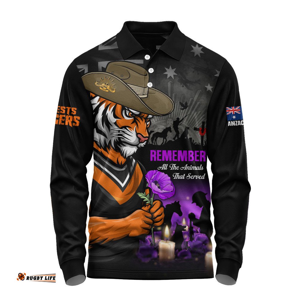 Wests Tigers Long Sleeve Polo Shirt Anzac Day Purple Poppy And Animals That Served
