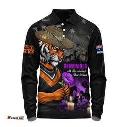 Wests Tigers Long Sleeve Polo Shirt Anzac Day Purple Poppy And Animals That Served