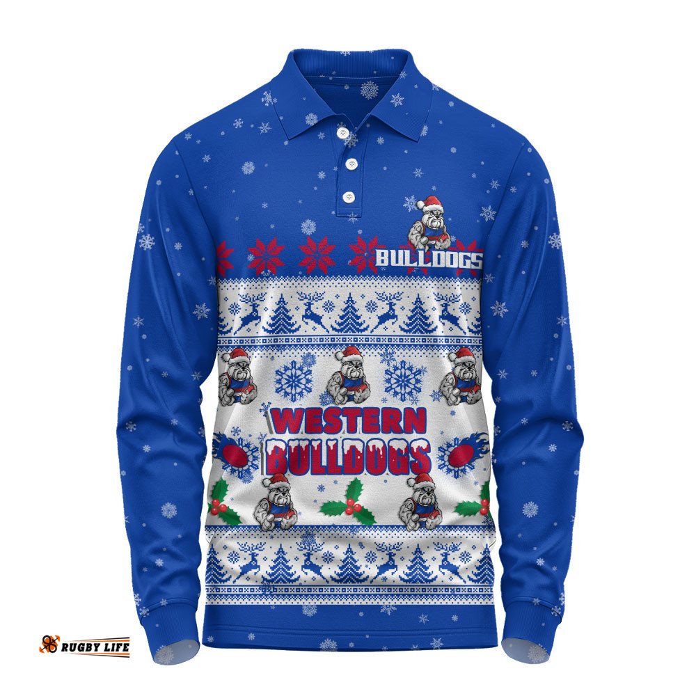 Western Bulldogs Long Sleeve Polo Shirt Special Ugly Christmas Holiday Footy Fans