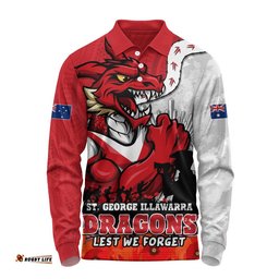 St. George Illawarra Dragons Long Sleeve Polo Shirt Anzac Day Remembrance Of Courage Loyalty Valor