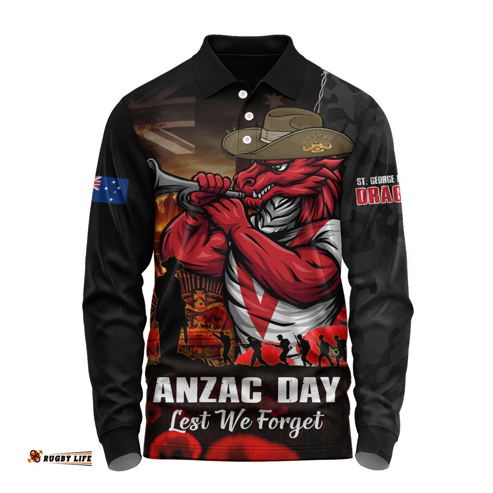 St. George Illawarra Dragons Long Sleeve Polo Shirt Anzac Day Rising Dawn Ceremony Lest We Forget Courage
