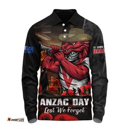 St. George Illawarra Dragons Long Sleeve Polo Shirt Anzac Day Rising Dawn Ceremony Lest We Forget Courage