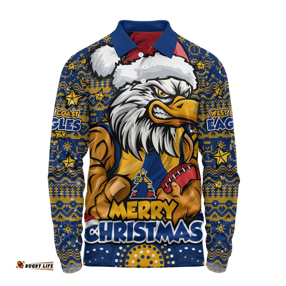 West Coast Eagles Long Sleeve Polo Shirt Ugly Christmas Knit Patterns Vintage Jersey