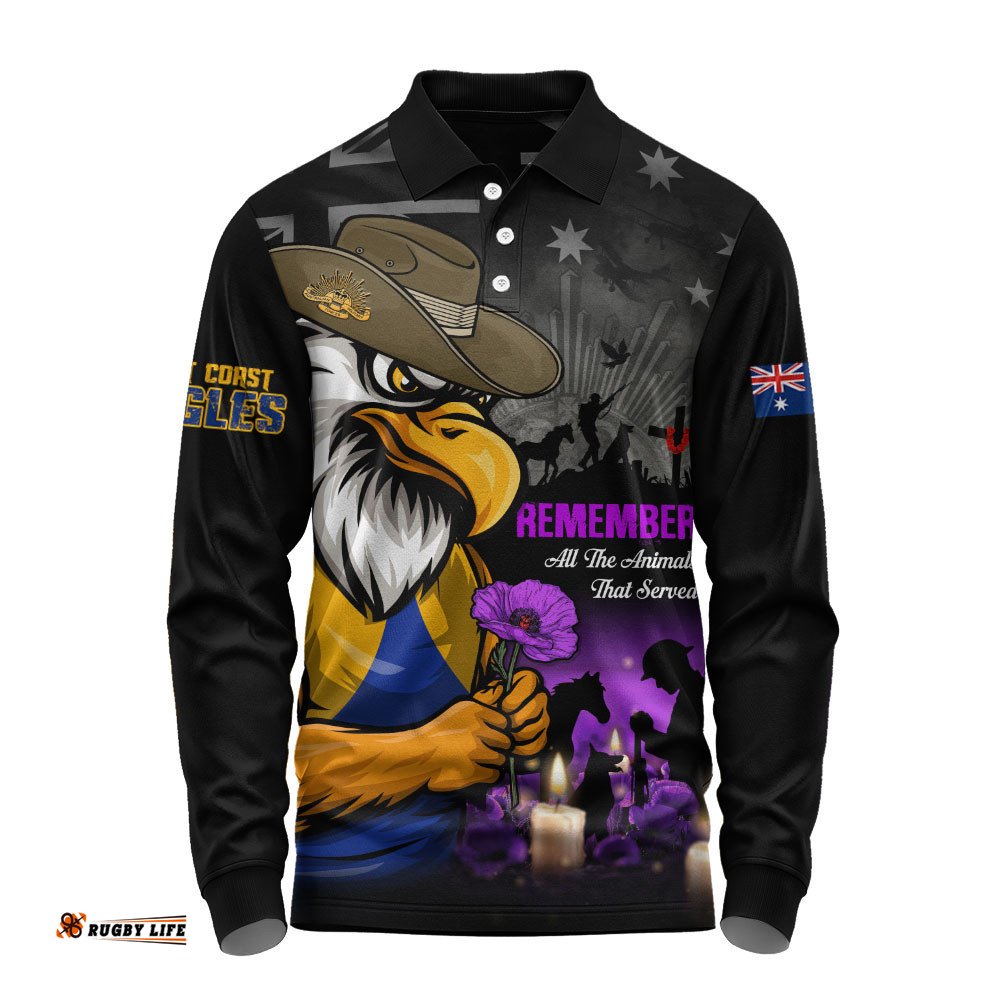 West Coast Eagles Long Sleeve Polo Shirt Anzac Day In Memory Of Animals That Served