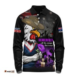 Sydney Roosters Long Sleeve Polo Shirt Anzac Day Purple Poppy And Animals That Served