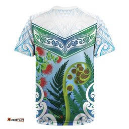 Aotearoa New Zealand Natural Plants Rugby Jersey Pohutukawa with Silver Ferns Koru Frond Maori Tattoos LT03