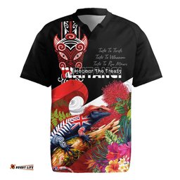 Aotearoa Toitu Te Tiriti Rugby Jersey Waitangi-Honour The Treaty NZ Tuatara and Plants LT03