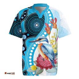 Australia Azure Kingfisher Rugby Jersey Australian Native Flowers Indigenous Art LT14