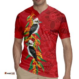 Aussie Kokaburra Golden Wattle Christmas Rugby Jersey Aboriginal Dots Painting Red Motif LT9