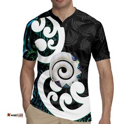 Aotearoa Koru Rugby Jersey Cyan Maori Paua Shell Mix Silver Fern LT14