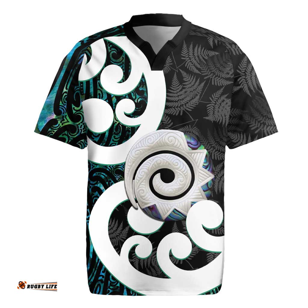 Aotearoa Koru Rugby Jersey Cyan Maori Paua Shell Mix Silver Fern LT14