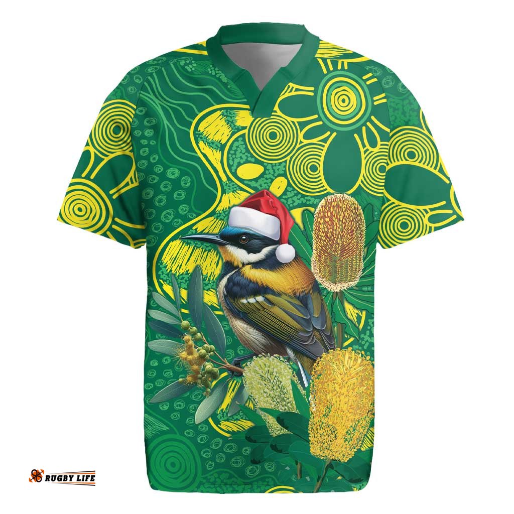 Aussie Honeyeaters Banksia Christmas Rugby Jersey Aboriginal Dots Painting Green Motif LT9