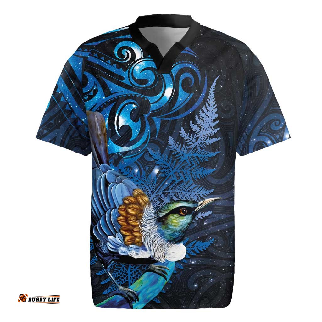 Aotearoa Matariki Rugby Jersey Maori Tribal with Silver Fern and Tui Bird Galaxy Style LT03