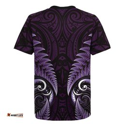 Aotearoa Pounamu Niho Rugby Jersey Silver Fern Mix Maori Pattern - Purple LT14