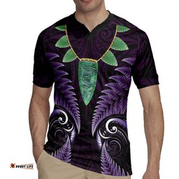 Aotearoa Pounamu Niho Rugby Jersey Silver Fern Mix Maori Pattern - Purple LT14