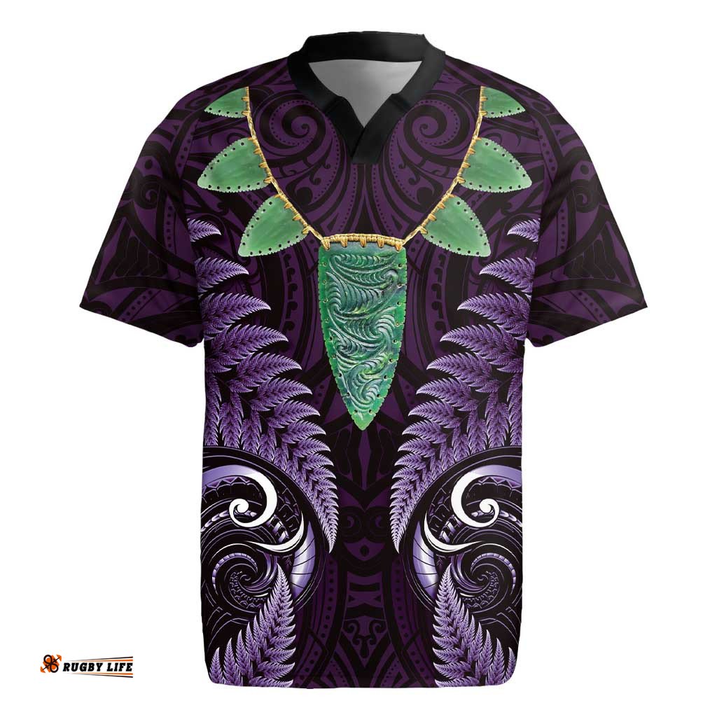 Aotearoa Pounamu Niho Rugby Jersey Silver Fern Mix Maori Pattern - Purple LT14
