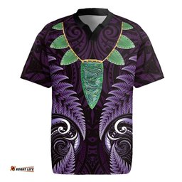 Aotearoa Pounamu Niho Rugby Jersey Silver Fern Mix Maori Pattern - Purple LT14
