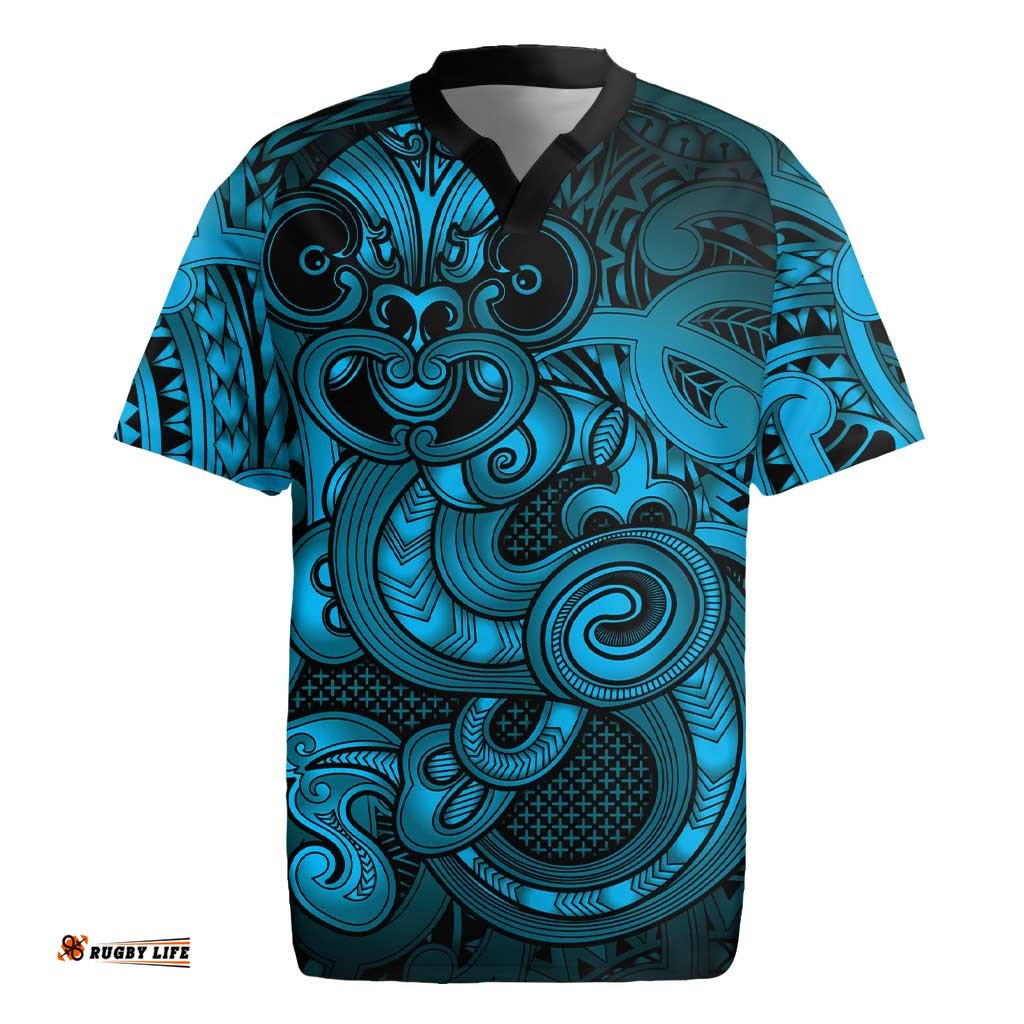 Aotearoa Maori Hei Tiki Rugby Jersey Kikorangi Kowhaiwhai Puhoro Motif LT9