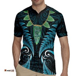 Aotearoa Pounamu Niho Rugby Jersey Silver Fern Mix Maori Pattern - Turquoise LT14