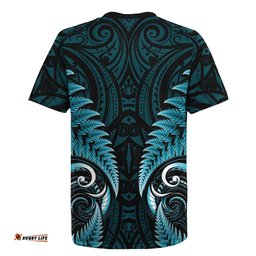 Aotearoa Pounamu Niho Rugby Jersey Silver Fern Mix Maori Pattern - Turquoise LT14
