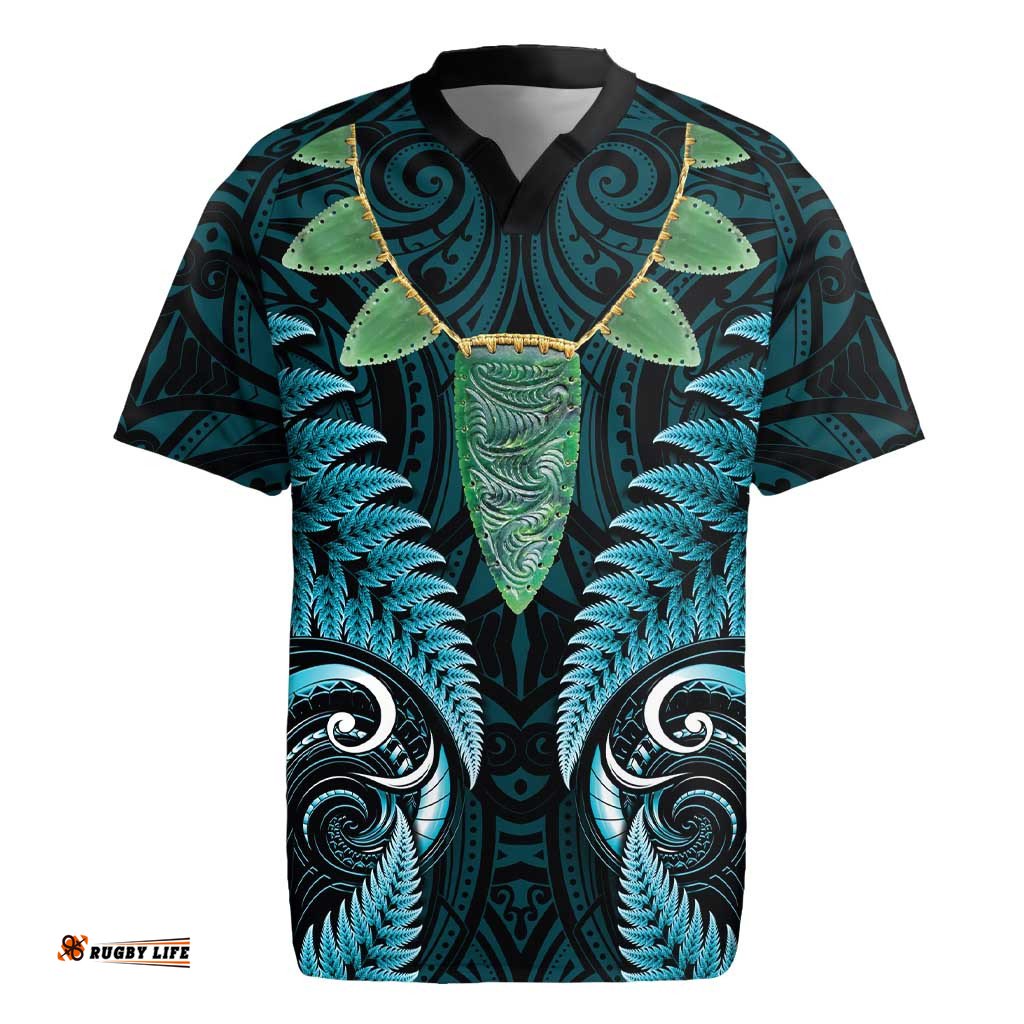 Aotearoa Pounamu Niho Rugby Jersey Silver Fern Mix Maori Pattern - Turquoise LT14