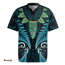 Aotearoa Pounamu Niho Rugby Jersey Silver Fern Mix Maori Pattern - Turquoise LT14