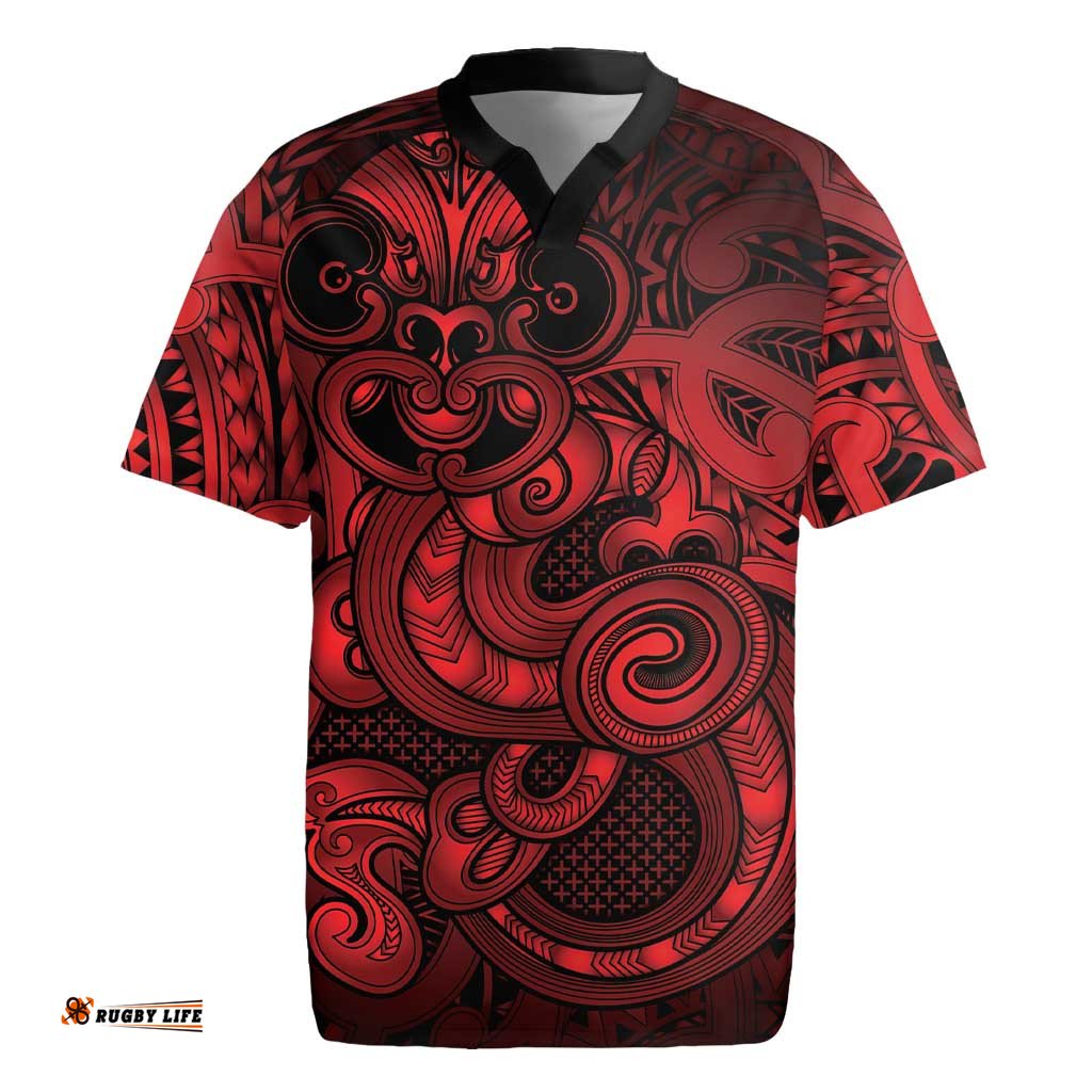 Aotearoa Maori Hei Tiki Rugby Jersey Whero Kowhaiwhai Puhoro Motif LT9
