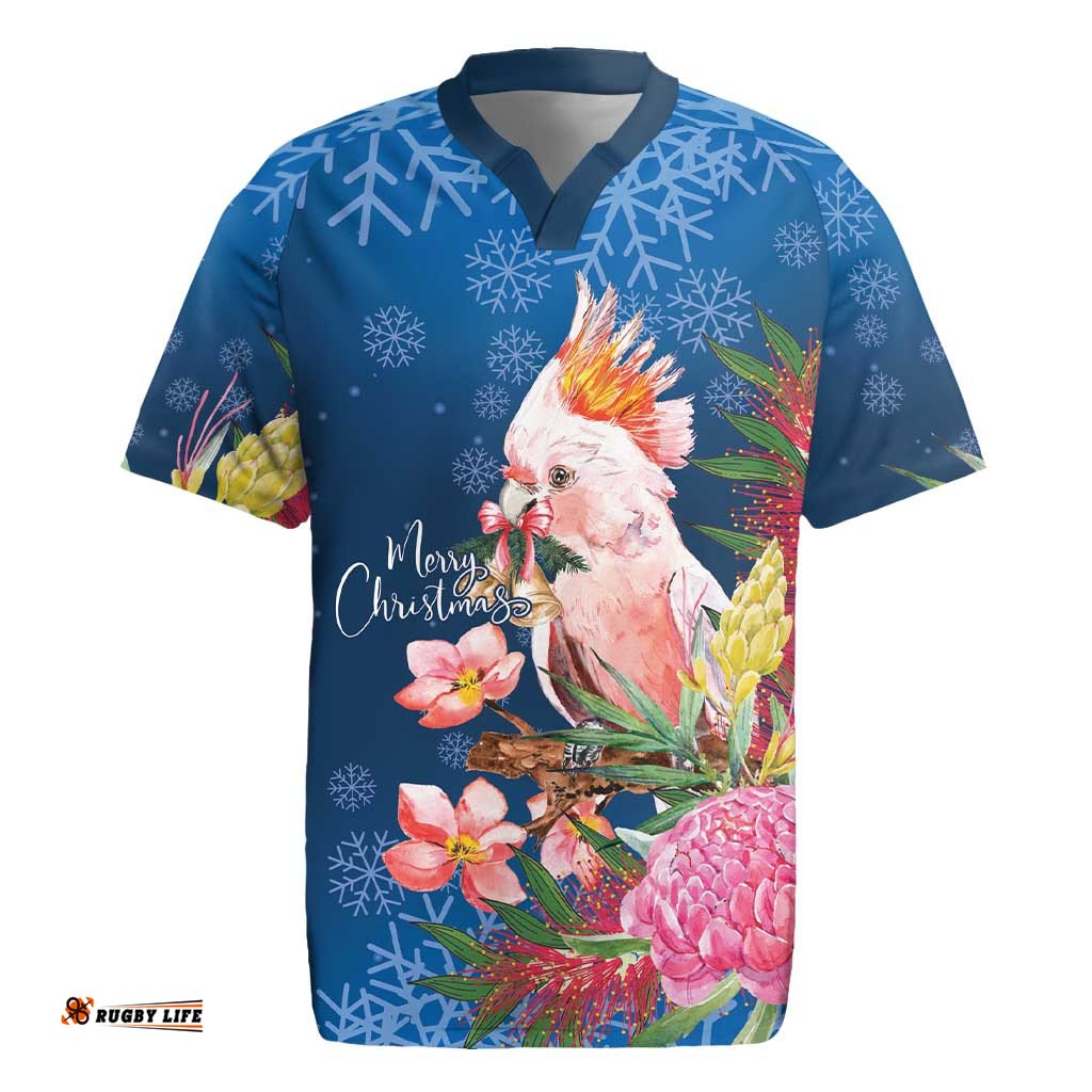 Australia Christmas Pink Cockatoo with Banksia Rugby Jersey Snowy Blue LT7