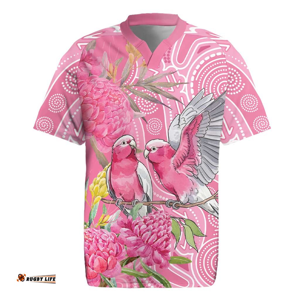 Australia Pink Galah Rugby Jersey Rose-breasted Cockatoo Waratah Indigenous Art LT14