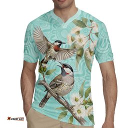 Australia Red Wattlebird Rugby Jersey Eucalyptus Alba Indigenous Art LT14