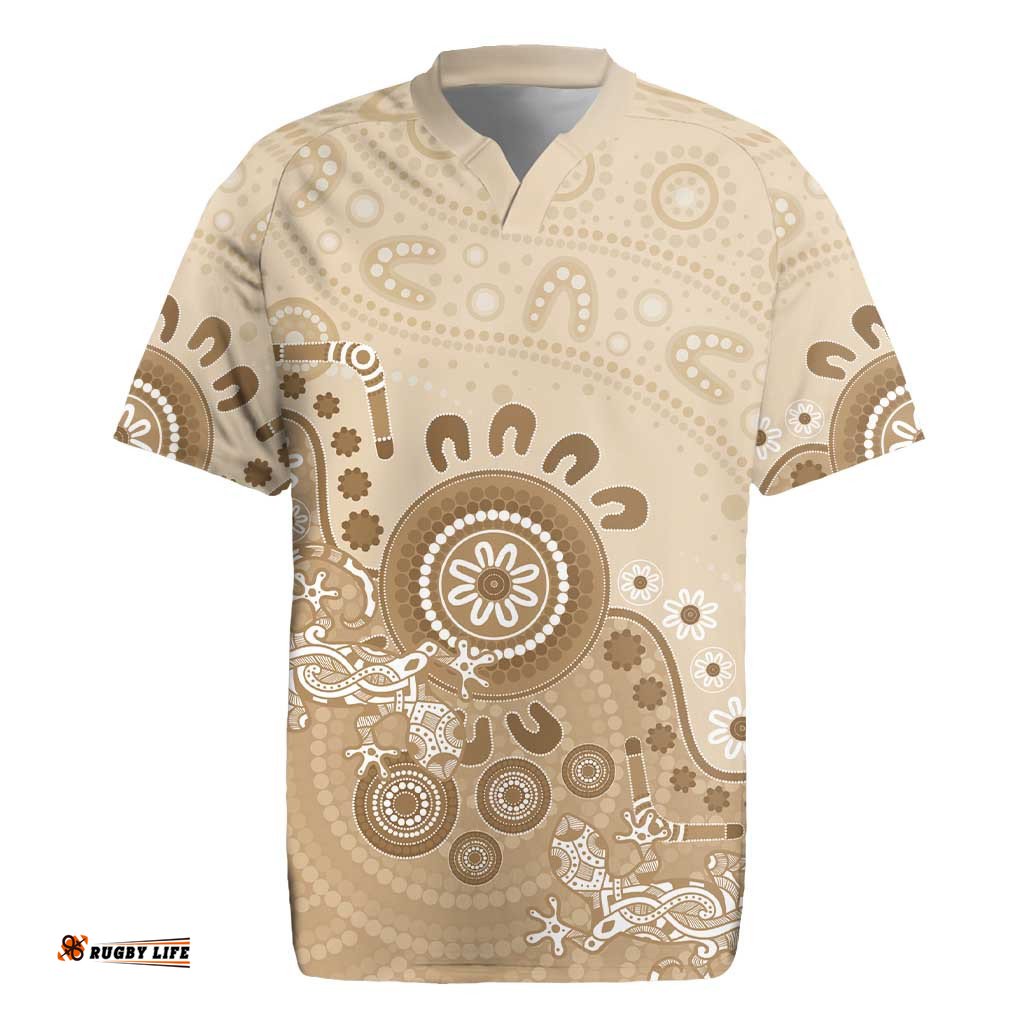 Beige Lizards Australia Rugby Jersey Boomerang Indigenous Art LT14