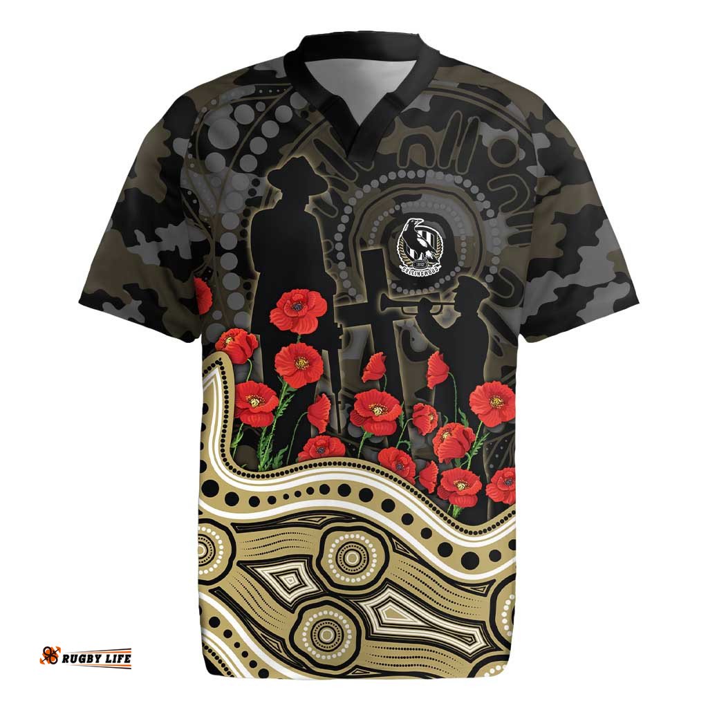 Collingwood Magpies ANZAC Day Rugby Jersey Indigenous Dot Art with Poppy Flower Tribute TS04