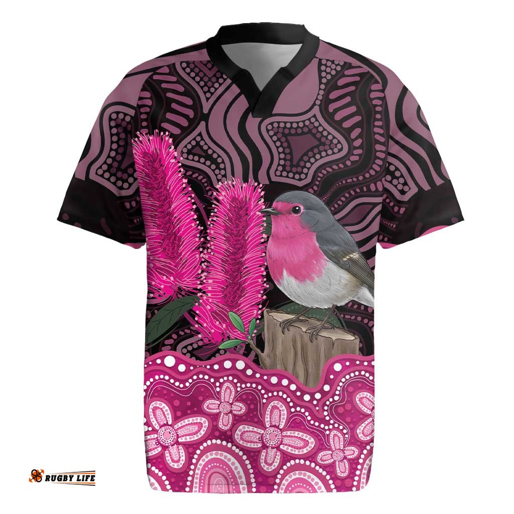 Australia Indigenous Rugby Jersey Breast Cancer Pink Robin Bottlebrush Aboriginal Art LT14
