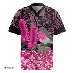Australia Indigenous Rugby Jersey Breast Cancer Pink Robin Bottlebrush Aboriginal Art LT14