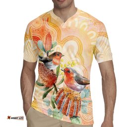 Australia Flame Robin Rugby Jersey Petroica Phoenicea Banksia Indigenous Art LT14