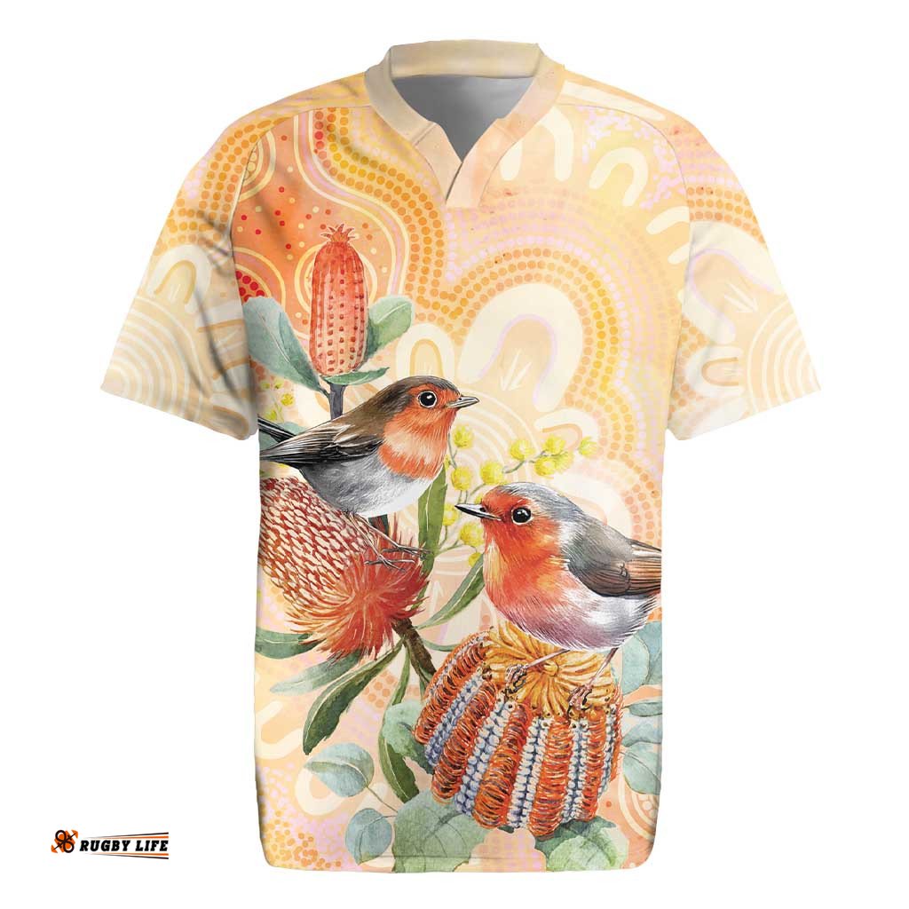 Australia Flame Robin Rugby Jersey Petroica Phoenicea Banksia Indigenous Art LT14