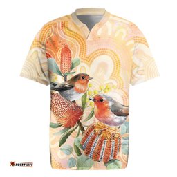 Australia Flame Robin Rugby Jersey Petroica Phoenicea Banksia Indigenous Art LT14