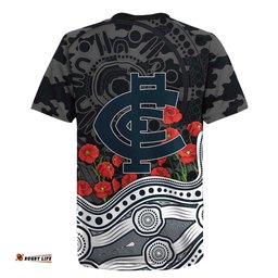 Carlton Blues ANZAC Day Rugby Jersey Indigenous Dot Art with Poppy Flower Tribute TS04