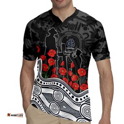 Carlton Blues ANZAC Day Rugby Jersey Indigenous Dot Art with Poppy Flower Tribute TS04
