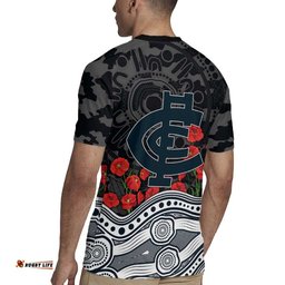 Carlton Blues ANZAC Day Rugby Jersey Indigenous Dot Art with Poppy Flower Tribute TS04