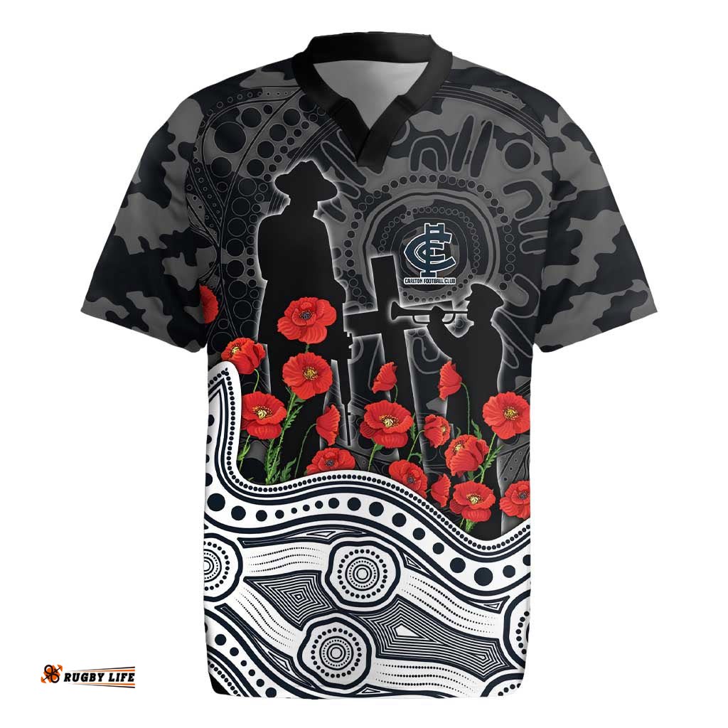 Carlton Blues ANZAC Day Rugby Jersey Indigenous Dot Art with Poppy Flower Tribute TS04