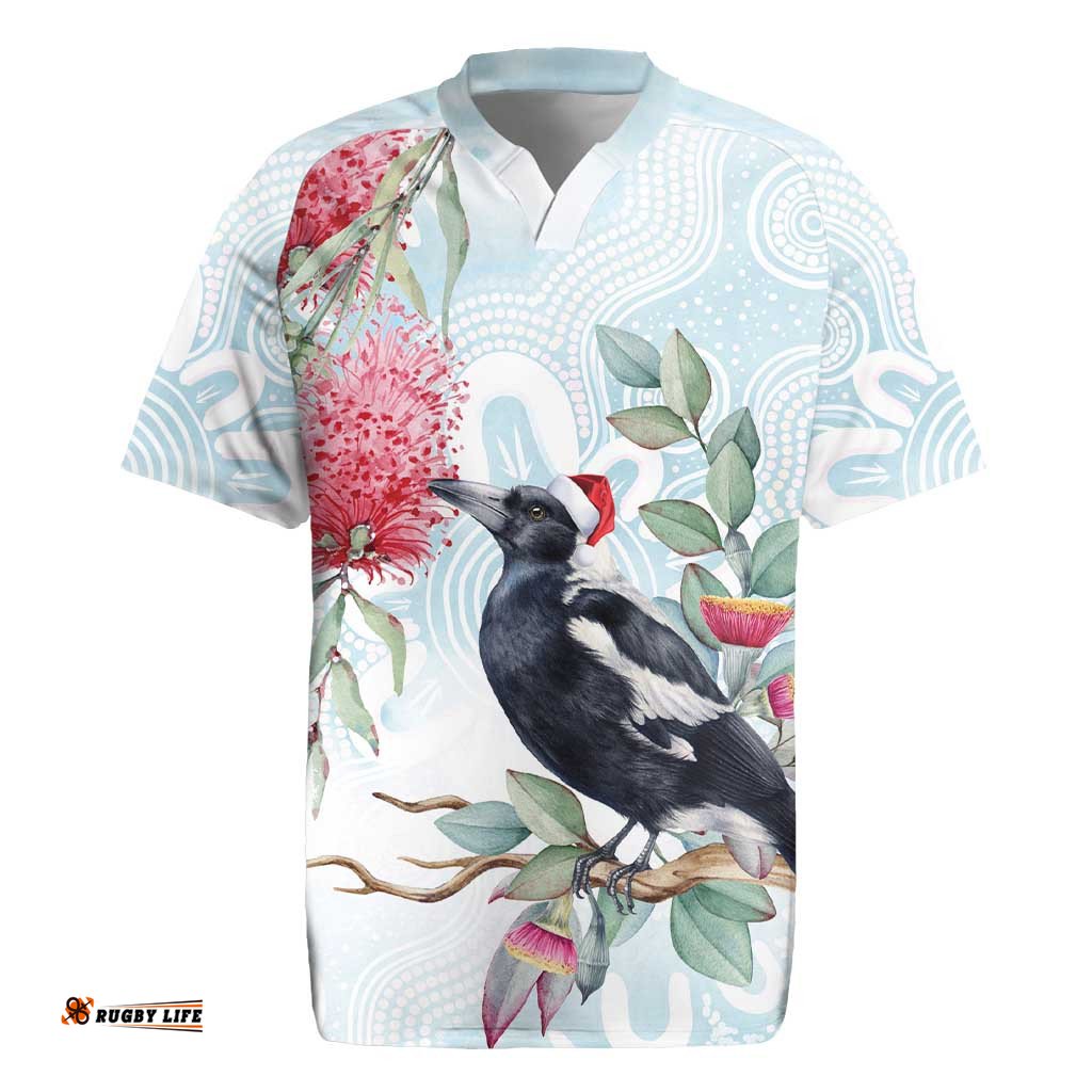 Australia Magpie Christmas Rugby Jersey Eucalyptus Aboriginal Watercolor Stylized LT14