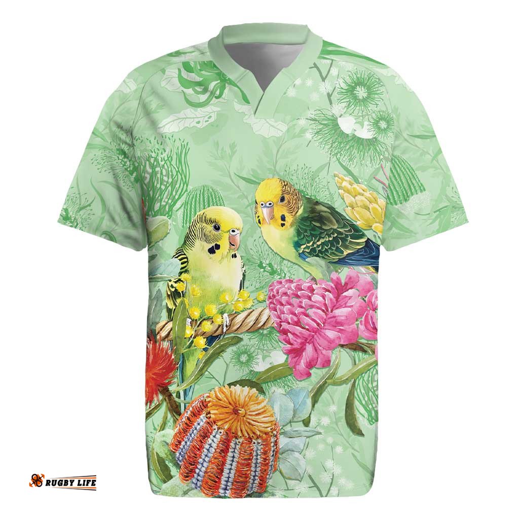 Birds and Floral Aussie Budgerigars Rugby Jersey Mint Opal LT7
