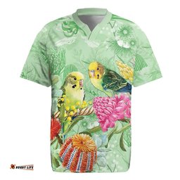 Birds and Floral Aussie Budgerigars Rugby Jersey Mint Opal LT7