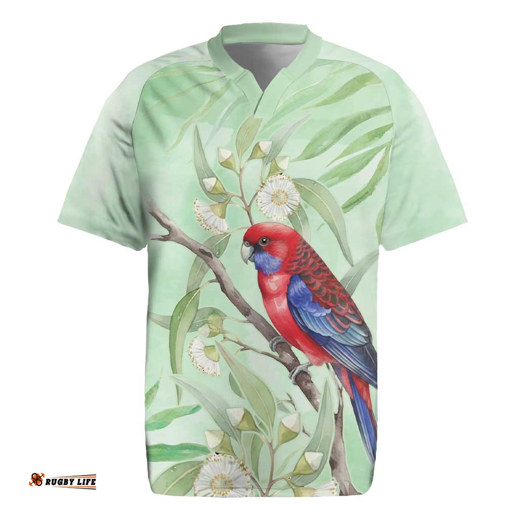 Australia Crimson Rosella Rugby Jersey Platycercus Elegans Eucalyptus Alba Watercolor LT14