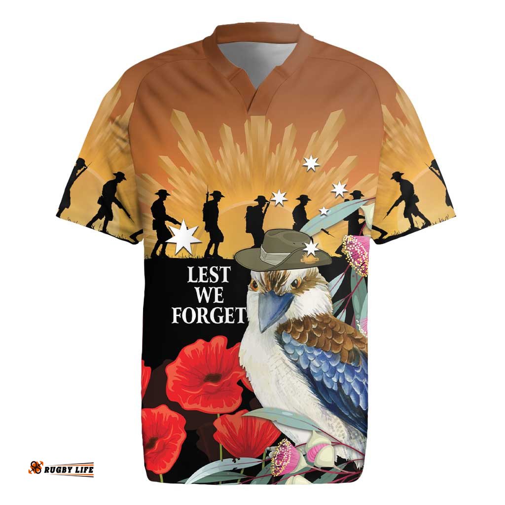 Australia Kookaburra ANZAC Day Rugby Jersey Rising Sun 25th April Poppy Eucalyptus Blossoms LT14