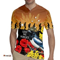 Australia Magpie ANZAC Day Rugby Jersey Rising Sun 25th April Poppy Golden Wattle LT14