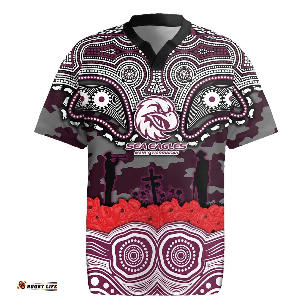 ANZAC Day Manly Warringah Sea Eagles Rugby Jersey Military Memorial Aboriginal Indigenous Art TS04